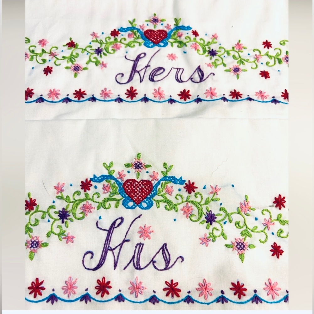 ✔️ NWOT Vtg pair Hand Embroidered Standard Pillow Cases “ His & Hers”